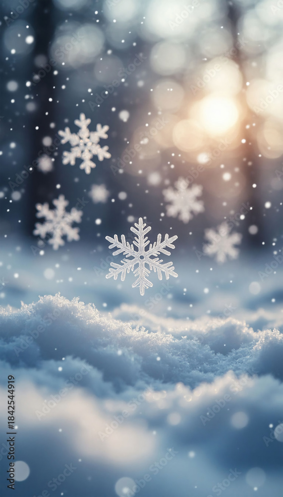 Naklejka premium Magical winter snowfall with snowflakes and glowing bokeh.