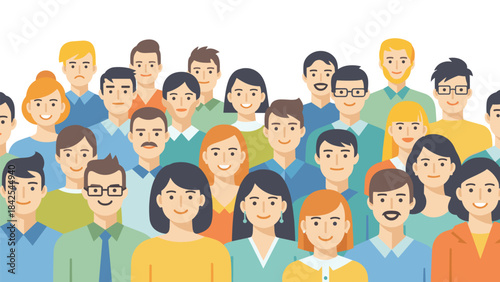 Diverse group of happy people standing together in a crowd with different facial expressions and colorful clothing