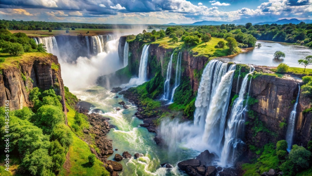 Fototapeta premium Majestic Waterfalls Surrounded by Lush Greenery and Scenic Landscape