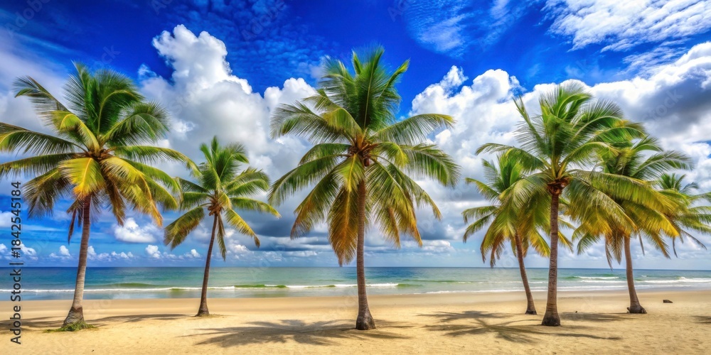 Fototapeta premium Tropical Beach with Palm Trees Under a Bright Blue Sky and Clouds