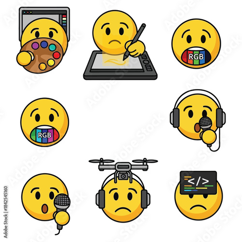Creative emojis representing digital art music technology and coding