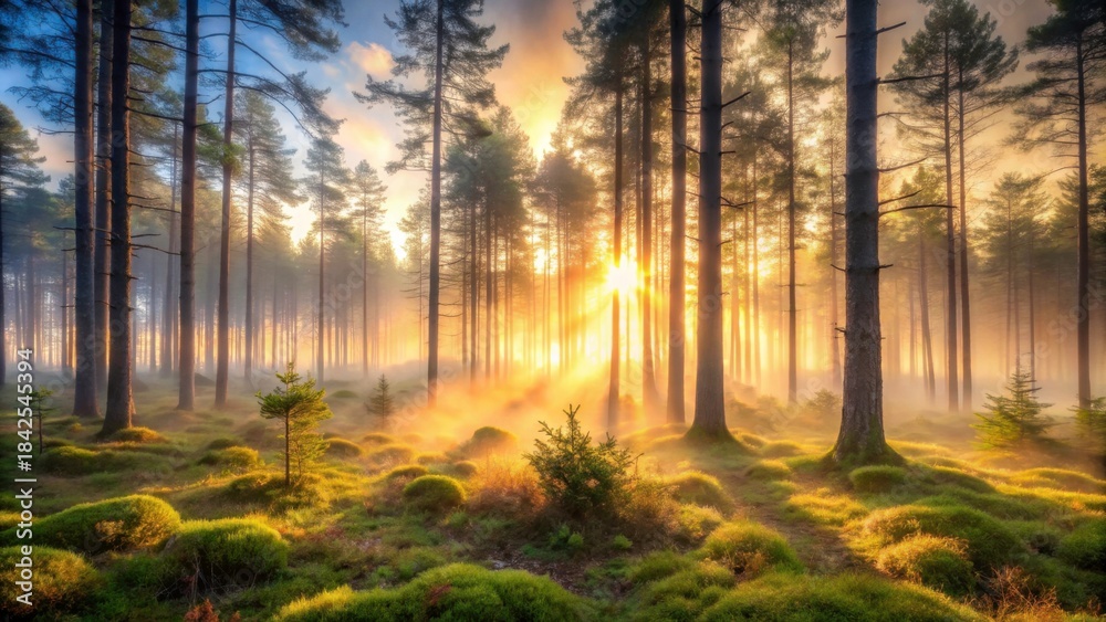 Fototapeta premium Enchanting Morning Light in Lush Forest with Mist and Sunbeams