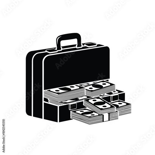 An open briefcase filled to capacity with large stacks of paper money, black and white icon