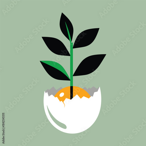 Green plant seedling growing inside a cracked eggshell illustration
