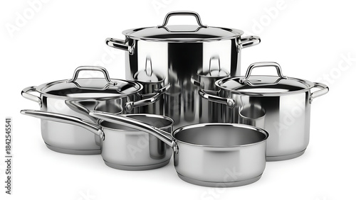 Stainless steel cookware set with multiple pots and pans