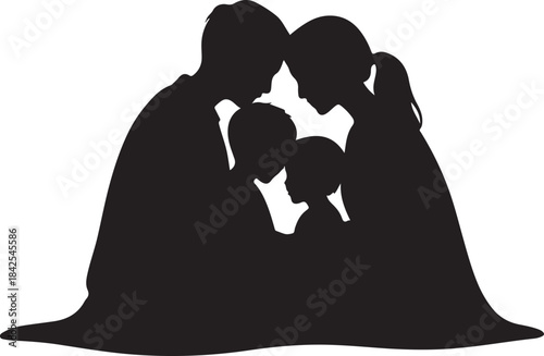 Silhouette illustration of a loving couple and child dancing, black vector art for wedding and family