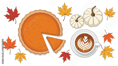 A vibrant illustration of a pumpkin pie with a slice cut out, surrounded by autumn leaves, two small pumpkins, and a cup of coffee on a