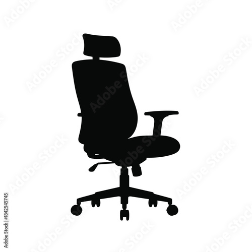 Black silhouette of an ergonomic office chair featuring a high back and adjustable headrest