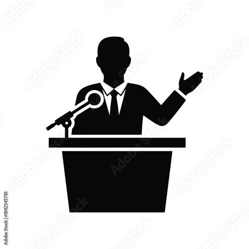 A silhouette icon of a person giving a presentation or speech at a podium with a microphone