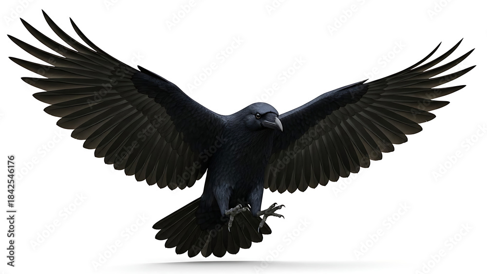 Obraz premium Black crow flying with spread wings isolated on white background