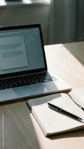 Modern Workspace with Laptop Notebook and Pen Bathed in Sunlight.
