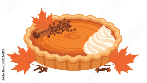 A delicious pumpkin pie with whipped cream and spices on a with autumn leaves