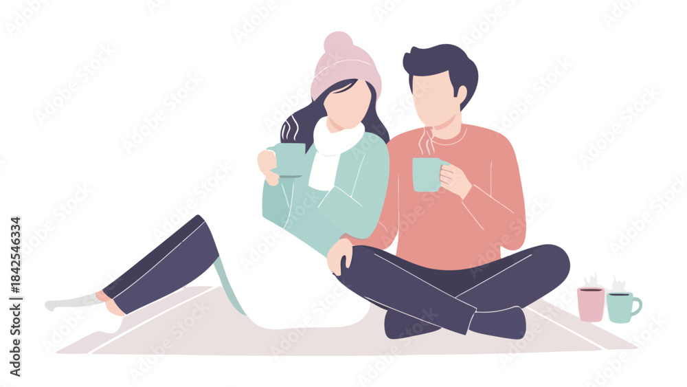 Fototapeta premium Cozy Moment: A warm embrace of togetherness, featuring a couple sharing a relaxing moment with cups of tea or coffee, embodying a feeling of warmth, comfort, and bonding.