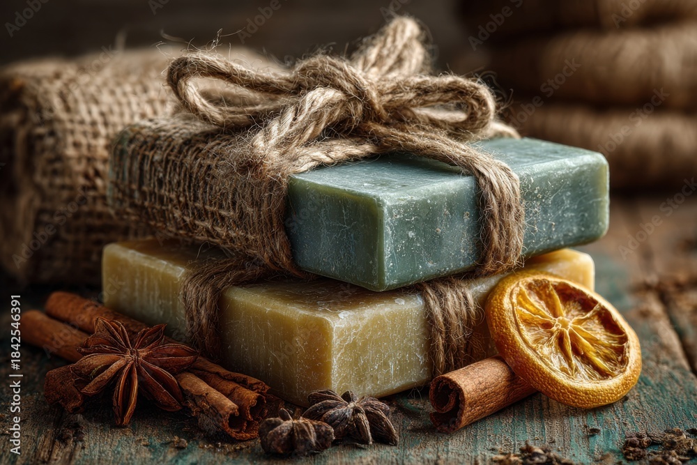 Fototapeta premium Top view of handmade soap bars with dried oranges and cinnamon. Natural craft soap concept.