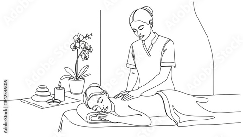 Spa Therapist Giving Massage Continuous Line Art – Relaxing Spa Environment Illustration