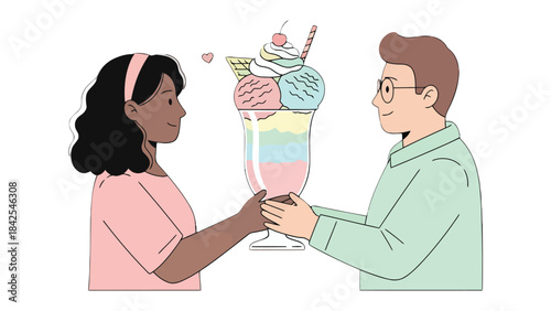 A Sweet Moment of Sharing: Two figures share a whimsical sundae, celebrating a simple moment of togetherness and affection, painted in cheerful pastel hues. 