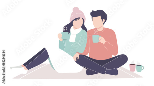 Cozy Moment: A warm embrace of togetherness, featuring a couple sharing a relaxing moment with cups of tea or coffee, embodying a feeling of warmth, comfort, and bonding.