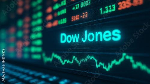 Dow jones index showing on a computer screen with stock exchange,trading,financial data in background.