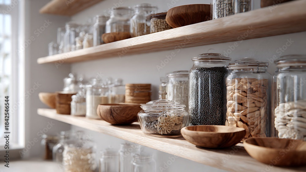 Naklejka premium Organized Glass Jars on Wooden Shelves with Natural Detail in Kitchen