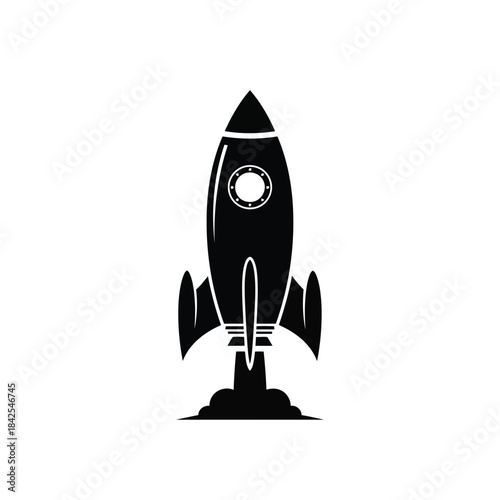 A simple black silhouette illustration of a rocket ship launching from the ground