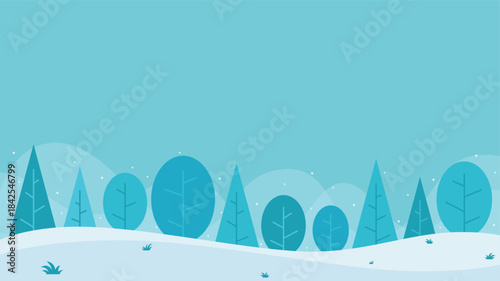Minimalist and clean winter landscape with stylized trees illustration against soft blue sky suitable for seasonal designs, December events, and Christmas.