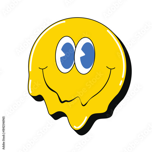 Retro Cartoon Melting Smiley Face with Eyes and Smile Expression Vector Illustration