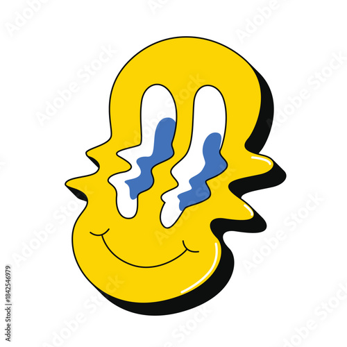 Modern Groovy Melting Smiley Face with Distorted Graphic Style Vector Illustration