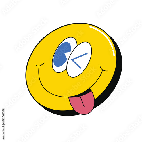 Cartoon Groovy Winking Smiley Face with Tongue Expression Vector Illustration