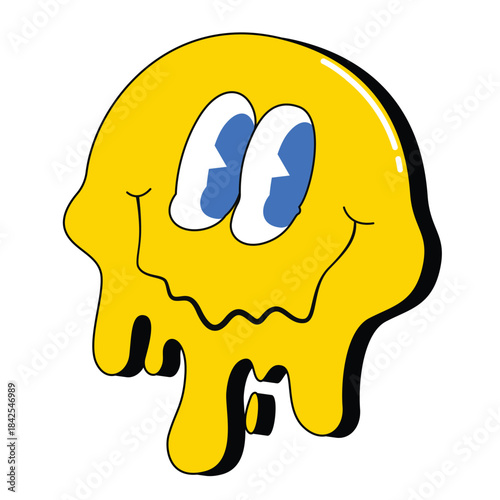 Funky Melted Smiley Face in Groovy Graphic Style Cartoon Vector Illustration