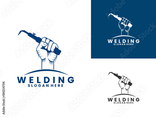 Welding service with creative hands logo design vector template