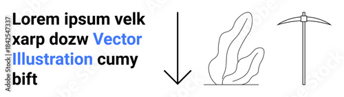 Directional signs, natural elements, environmental concepts, mining, resource gathering, infographic design. Black downward arrow, abstract plant shape and mining pickaxe. Directional signs