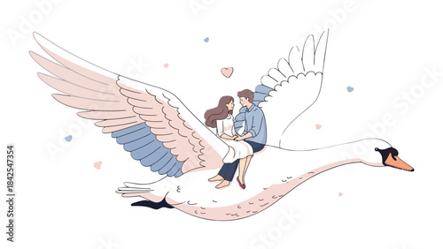 Love's Aerial Voyage: A couple embarks on a romantic journey, soaring through the sky on the wings of a graceful swan, surrounded by tender hearts and gentle beauty.