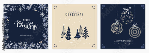 Lovely hand drawn Christmas designs, greeting cards or covers with christmas floral decoration and christmas elements. Vector illustration