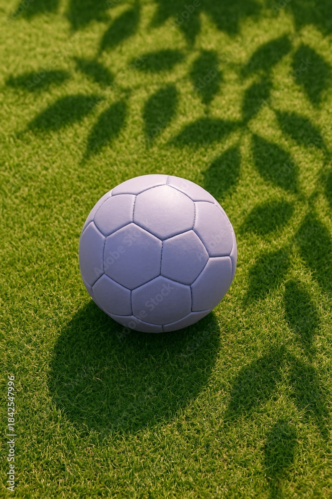 Fototapeta premium Soft purple soccer ball on grass with leafy shadows