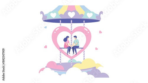 Romantic Carousel Ride: A tender moment captured as a couple shares a romantic ride on a heart-shaped carousel, soaring through clouds, a symbol of their loving relationship. 