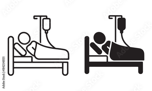 A person lying in a hospital bed with an intravenous drip icon