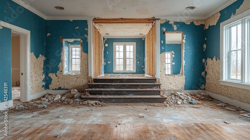 Demolition phase in home renovation with exposed studs and debris. Structural changes.