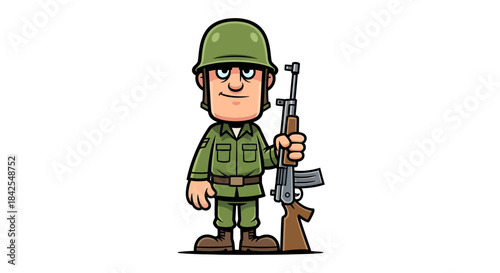 Cartoon military soldier in uniform with rifle, ready for duty