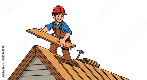 Skilled construction worker carefully places wooden planks on the roof of a house under renovation