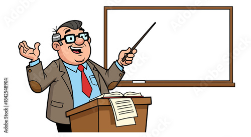 Experienced teacher enthusiastically presenting a lesson with a pointer to an empty whiteboard