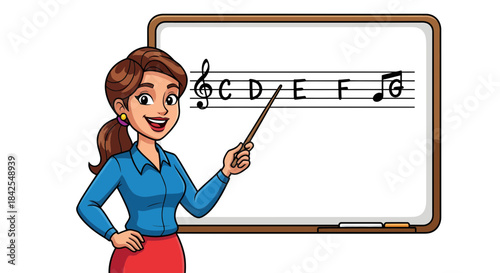 Cartoon of a woman pointing at a musical staff on a whiteboard, teaching musical notes