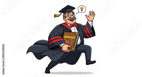 A distinguished professor in academic regalia, holding a book labeled 'KNOWLEDGE', with a lightbulb illuminating above his head, signifying an idea or inspiration