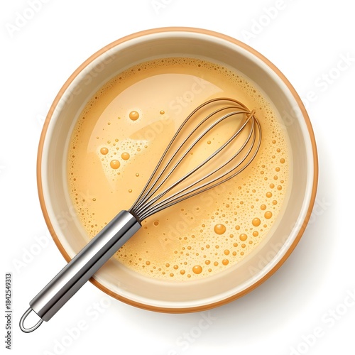 Close up of a metal whisk resting in a bowl of beaten eggs isolated on white background