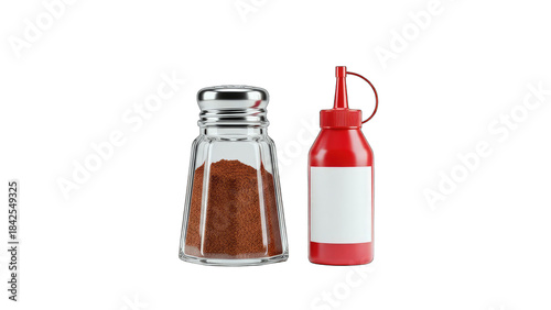 Salt Shaker and Ketchup Bottle on White Background