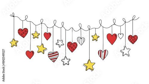 Festive Hearts and Stars Garland: Delicate string lights adorned with vibrant red hearts and radiant yellow stars, perfect for adding a touch of enchantment to any celebration or romantic setting.
