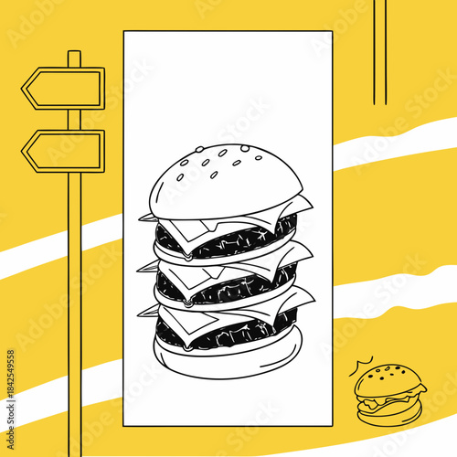 Cartoon vector illustration of a fast food hamburger cheeseburger sandwich on a menu with all the ingredients like bread, meat, cheese, tomato, and lettuce