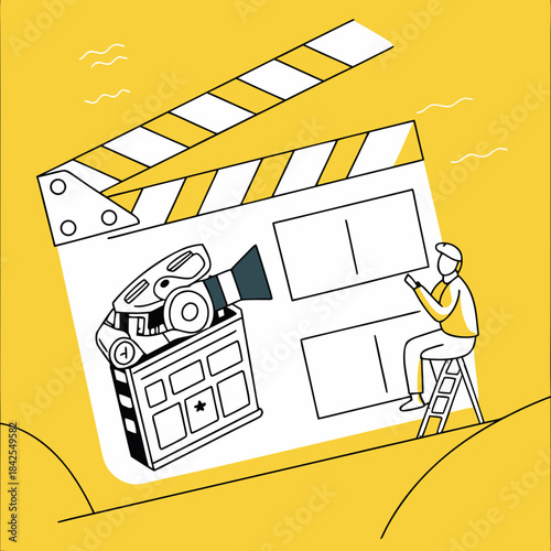 Action movie clapboard and director chair vector sign illustration