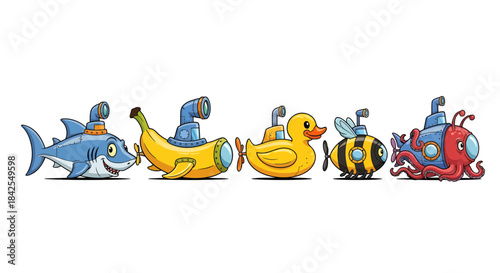 Collection of whimsical underwater vehicles shaped like animals and fruit, perfect for playful designs