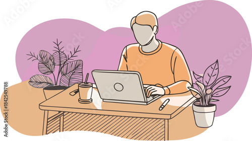 Man working remotely from home on laptop with plants on desk illustration isolated on transparent background, Vector