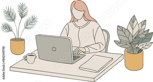A woman concentrating on her work at a tidy home office desk with indoor plants isolated on transparent background, Vector